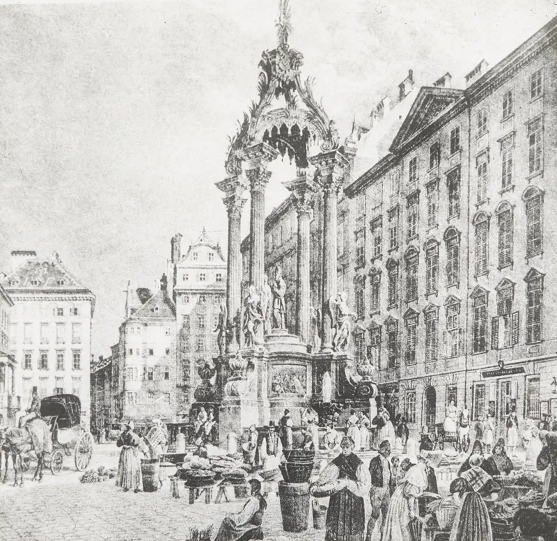 Zeichnung von Rudolf von Alt, 1836: der Hohe Markt mit dem Vermählungsbrunnen und Marktständen