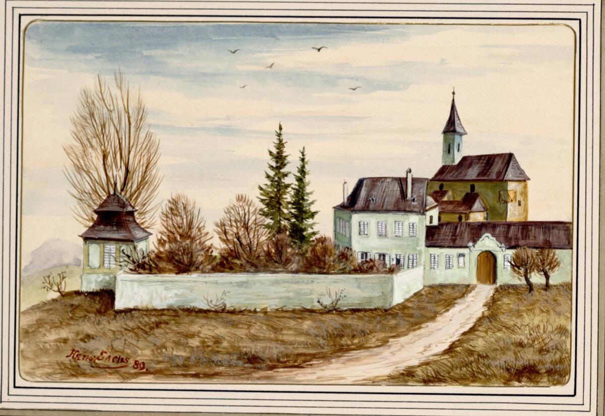 Aquarell von Johann Sachs, 1889: das Anwesen Mayerling mit weißer Mauer, kleinem Pavillon und Kirchturm