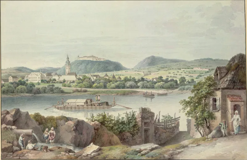 Aquarell um 1800: Blick über die Donau mit einer Fähre, dahinter auf dem Berg das Stift Göttweig