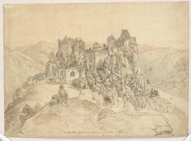 Zeichnung von Johann Adam Klein, 1813: die Burgruine Aggstein auf ihrem Felsen, im Vordergrund ein Zeichner mit Hut, von hinten gesehen