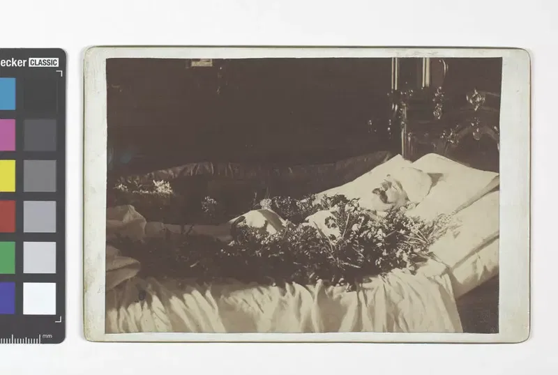 Fotografie von 1889: Kronprinz Rudolf aufgebahrt, mit Blumen bedeckt