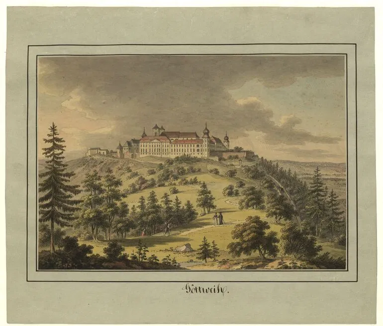 Aquarell: das Stift Göttweig auf seinem bewaldeten Berg, davor Spaziergänger