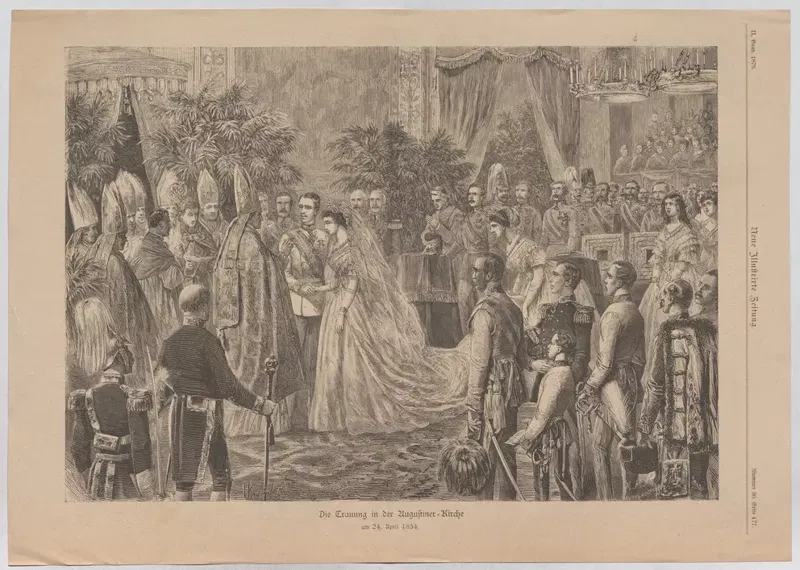 Zeitungsillustration von Vinzenz Katzler: die Trauung von Franz Joseph und Elisabeth in der Augustinerkirche, die Braut mit langer Schleppe, links Bischöfe mit Mitren