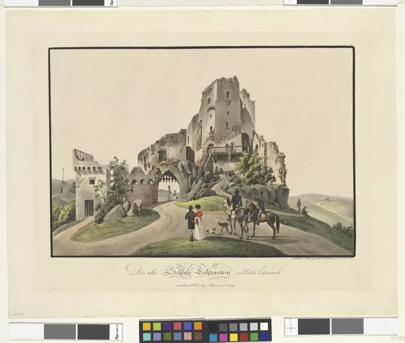 Radierung 1812: die Ruine der Burg Liechtenstein mit hohem Turm und Torbogen, davor Reiter und Spaziergänger