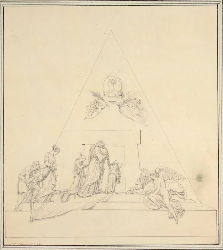 Zeichnung von Jakob Merz, 1805: Canovas Grabmal für Marie Christine, eine Pyramide mit Medaillon, ein Trauerzug schreitet zur Tür, rechts ein Löwe und ein Genius