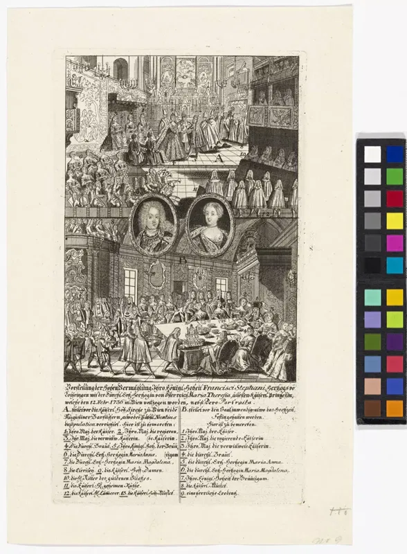 Kupferstich von Elias Baeck, 1736: zwei Porträtmedaillons, oben die Trauung in der Kirche, unten die Festtafel