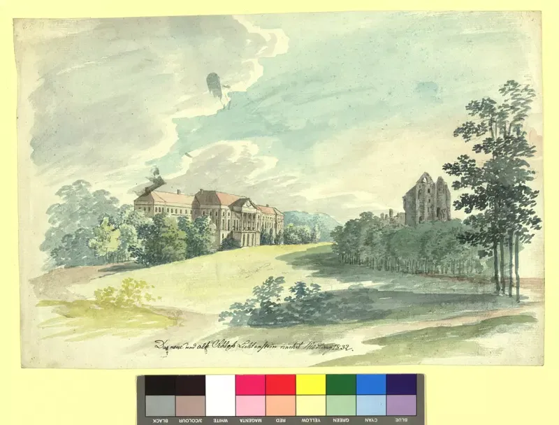 Aquarell von Josef Fide, 1832: links das Schlossgebäude, rechts auf der Anhöhe der Turm der alten Burg Liechtenstein