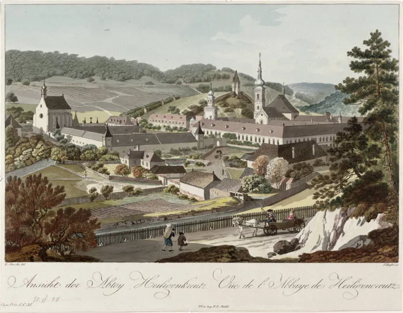 Kolorierte Ansicht um 1810: das Stift Heiligenkreuz mit Kirchturm in einem Tal im Wienerwald, vorne eine Straße mit einem Fuhrwerk