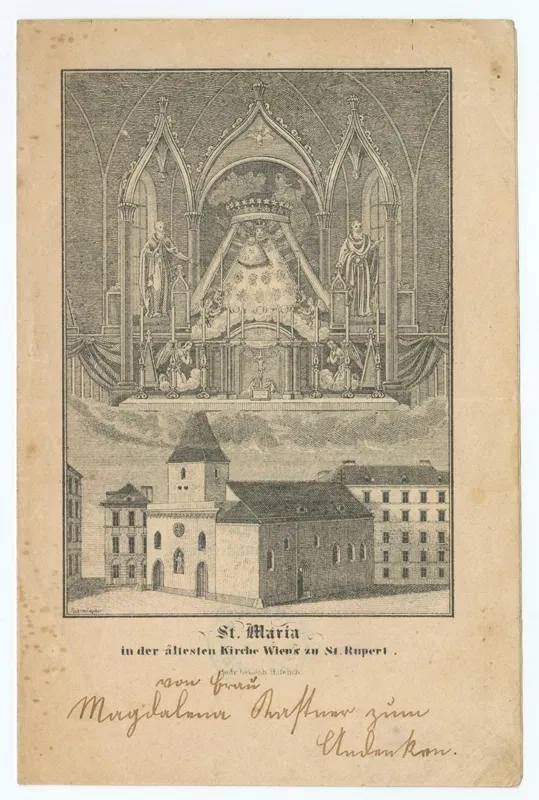 Gebetszettel 1840: oben ein gotischer Altar mit Marienbild, unten die Ruprechtskirche mit gedrungenem Turm, darunter die Inschrift St. Maria in der ältesten Kirche Wiens zu St. Rupert