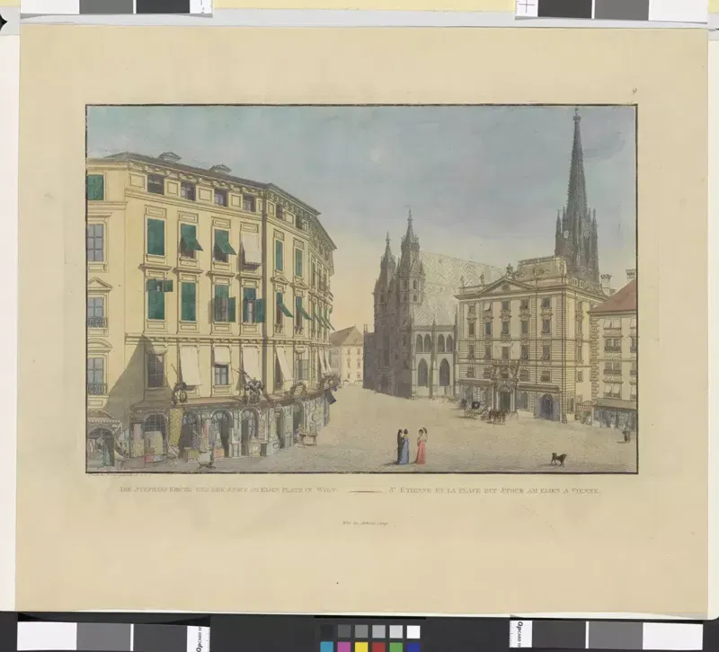 Kolorierter Kupferstich um 1805: ein Platz mit Häusern links und rechts, hinten der Stephansdom, davor Passanten
