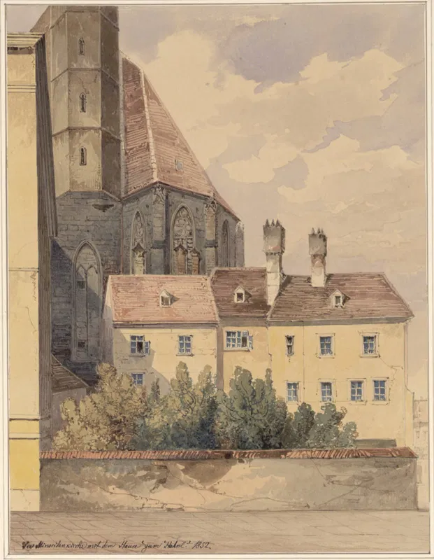 Aquarell von Moritz Leybold, 1852: der gotische Chor der Minoritenkirche mit hohem Dach, davor ein gelbes Haus mit zwei Kaminen