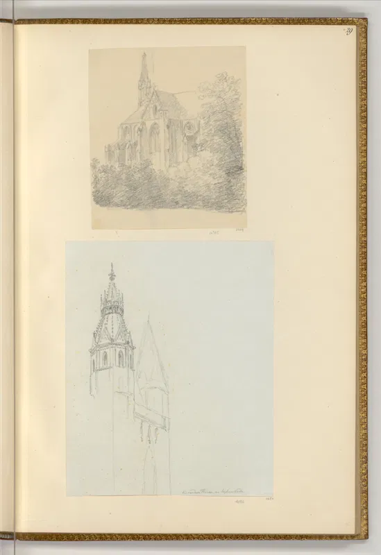 Albumblatt mit zwei Bleistiftzeichnungen von Martin von Molitor: oben Querhaus und gotischer Chor der Stiftskirche Zwettl, unten die Heidentürme des Stephansdoms