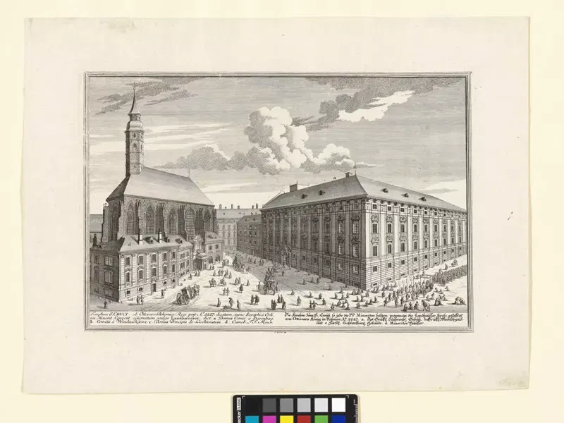 Kupferstich von 1724: links die Minoritenkirche mit spitzem Turm, rechts ein großes Palais, dazwischen ein Platz mit Kutschen und Menschen