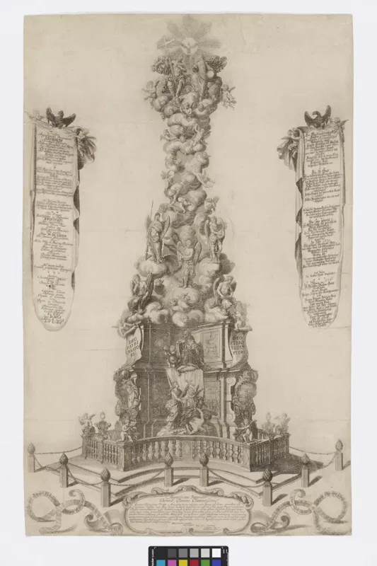 Kupferstich von 1692: die Pestsäule mit Wolken und Figuren, oben die Dreifaltigkeit, unten ein Geländer, links und rechts Textbänder