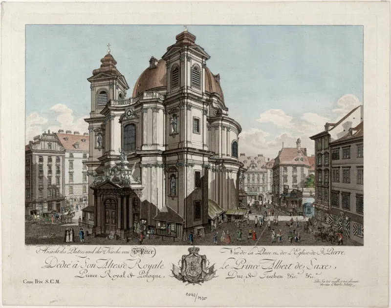 Kolorierter Stich von Carl Schütz, 1779: die Peterskirche mit Kuppel und zwei schräg gestellten Türmen, davor ein belebter Platz