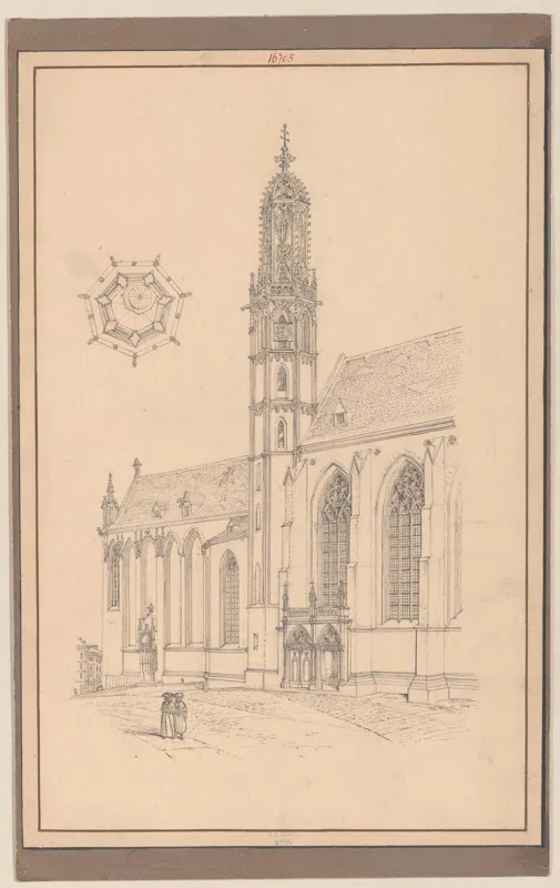 Zeichnung von 1824: Maria am Gestade mit hohem Turm und durchbrochenem Helm, hohe gotische Fenster, links oben ein Grundriss in Sternform