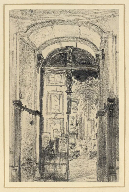 Bleistiftzeichnung von Adolph Menzel: Blick durch das offene Portal der Peterskirche ins Innere, links im Eingang eine sitzende Gestalt
