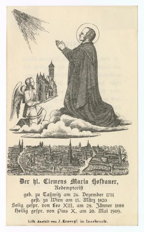 Andachtsbild 1909: Klemens Maria Hofbauer kniet betend auf Wolken, ein Engel hält ihm eine gotische Kirche mit Turm hin, darunter ein Panorama von Wien