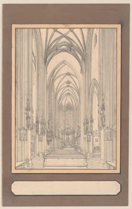 Zeichnung von 1824: das schmale, hohe Langhaus von Maria am Gestade mit Rippengewölbe, Figuren an den Pfeilern, hinten der Altar