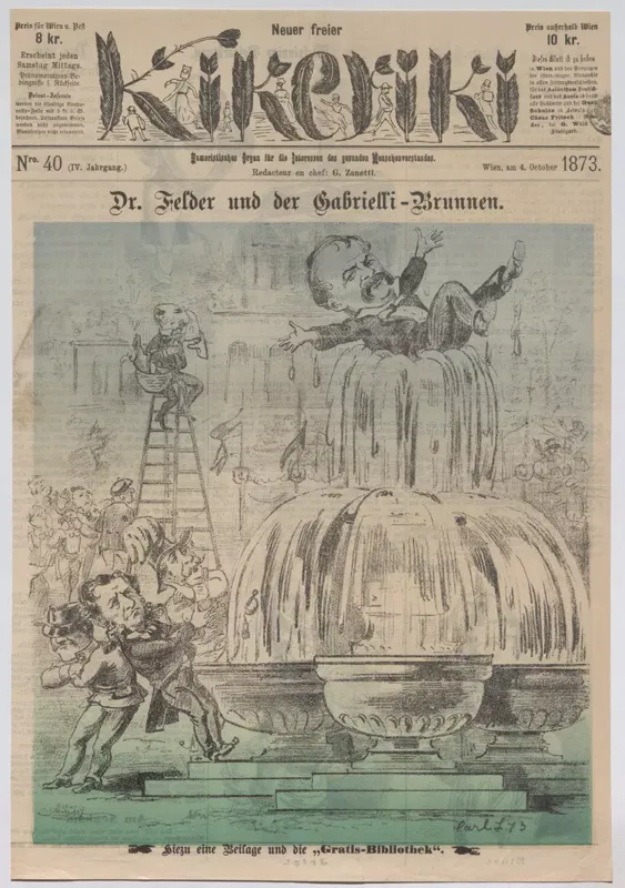 Karikatur 1873: eine Figur liegt oben auf dem Wasserstrahl eines Brunnens, eine weitere steht auf einer Leiter, unten ziehen Leute an einem Mann