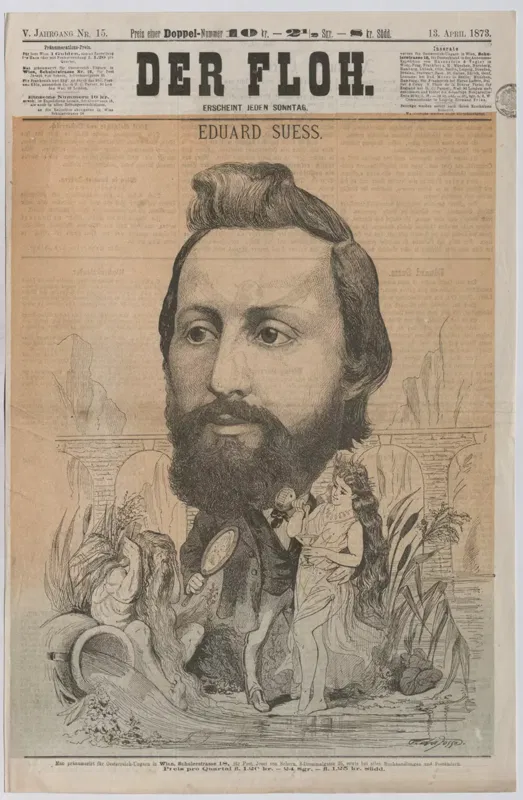 Karikatur 1873: großer Kopf von Eduard Suess mit Vollbart, darunter eine Quellnymphe und ein Flussgott vor den Bögen eines Aquädukts
