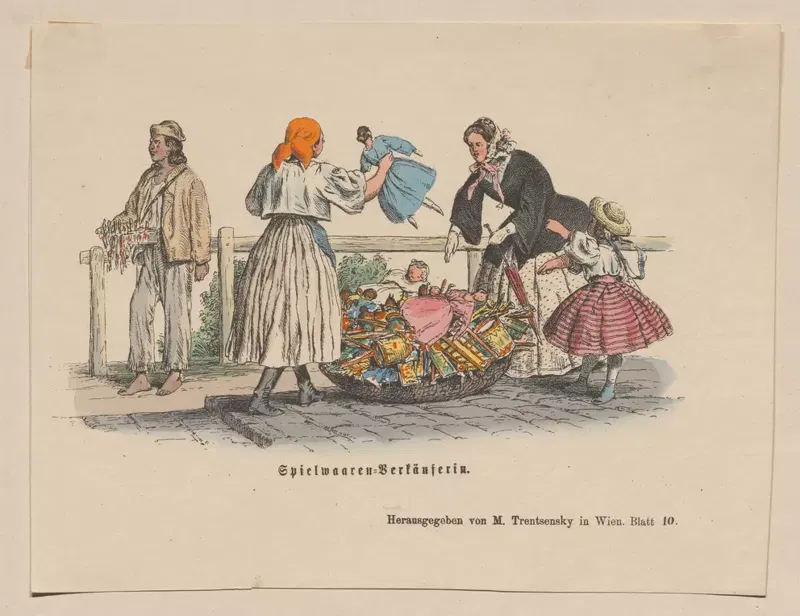 Kolorierte Grafik um 1850: eine Spielwarenverkäuferin mit rotem Kopftuch hält eine Puppe hoch, vor ihr ein Korb voller Spielzeug, daneben eine Mutter mit Mädchen