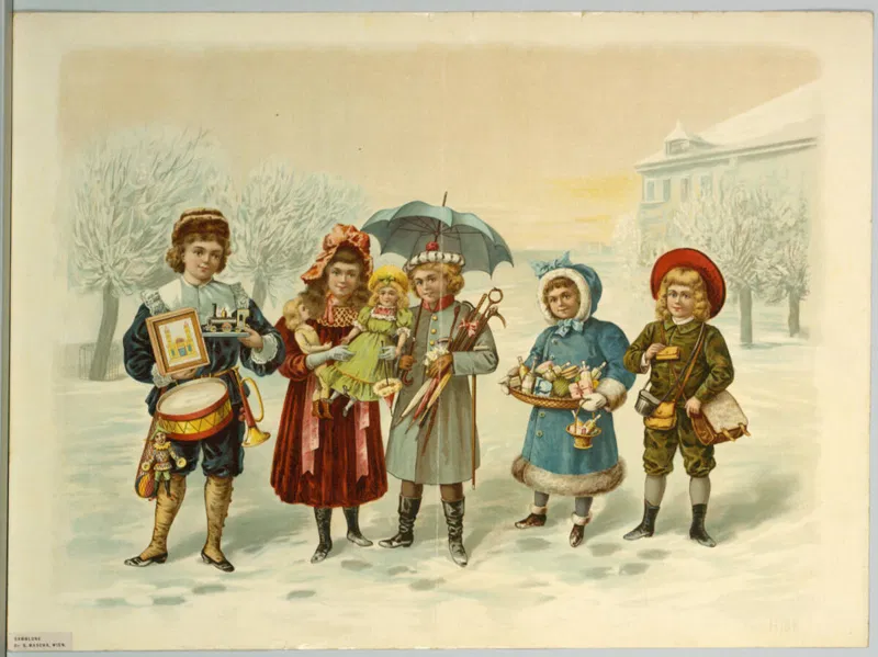 Farblithografie um 1900: fünf Kinder im Schnee mit Spielzeug, eine Trommel, eine Puppe, ein Schirm und ein Korb mit Waren