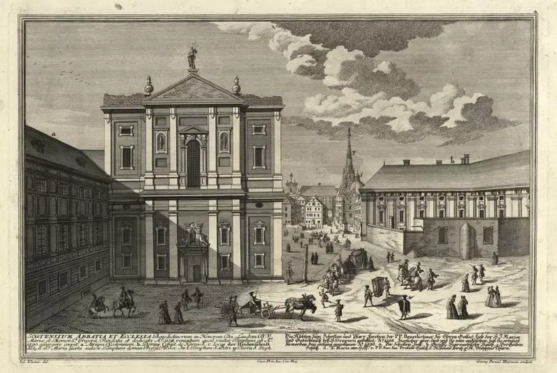 Kupferstich 1724: die Fassade der Schottenkirche an der Freyung, davor ein Platz mit Kutschen und Menschen, im Hintergrund der Turm des Stephansdoms