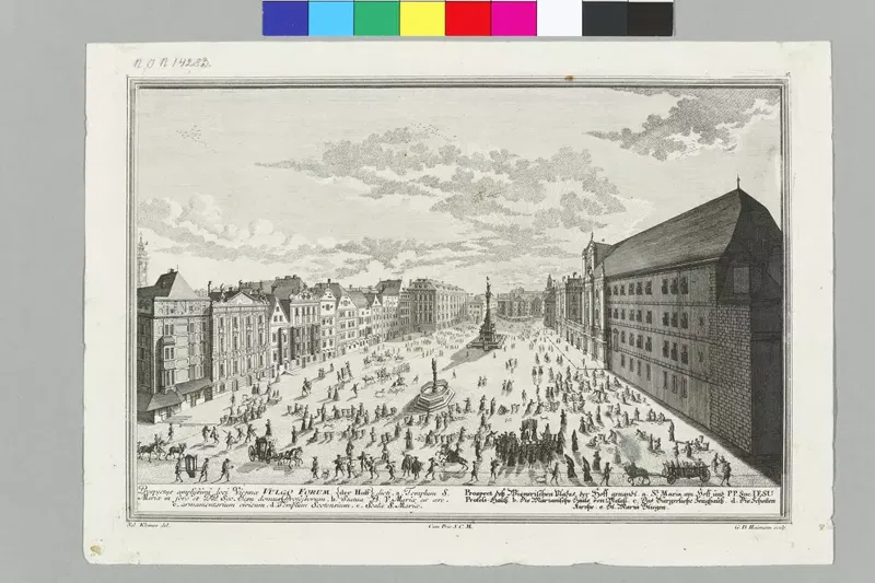 Kupferstich 1726: der weite Platz Am Hof mit der Mariensäule, vielen Menschen und Kutschen, rechts ein langes Gebäude