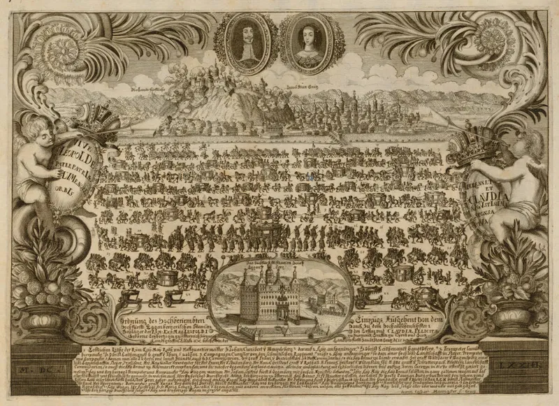 Kupferstich 1673: Festzug von Schloss Eggenberg nach Graz, oben die Bildnisse von Kaiser Leopold I. und Claudia Felicitas, dahinter Graz mit dem Schlossberg, unten im Oval das Schloss