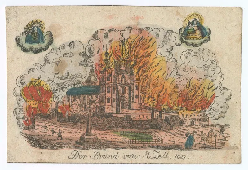 Kolorierte Grafik von 1827: die Basilika Mariazell mit ihren Türmen in Flammen, Rauchwolken, brennende Häuser, oben zwei Marienbilder in Wolken, Unterschrift Der Brand von M. Zell 1827