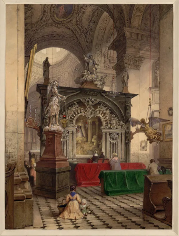 Guckkastenblatt 1842: Innenraum der Basilika Mariazell mit der Gnadenkapelle hinter einem Gitter, eine Statue auf hohem Sockel, rote und grüne Tücher, eine kniende Frau im Vordergrund
