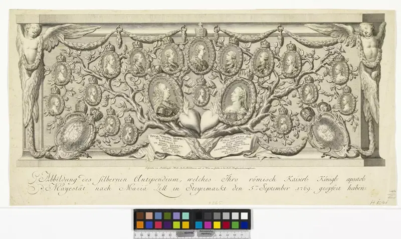 Kupferstich um 1770: ein Stammbaum mit vielen Porträtmedaillons an den Ästen, zwei große Porträts in der Mitte, links und rechts Karyatiden, unten eine Inschrift