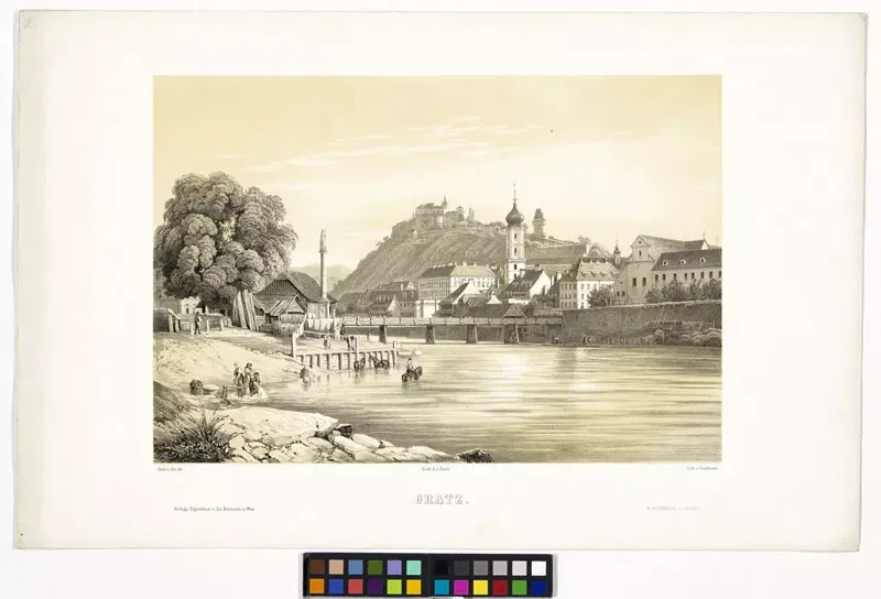Lithografie um 1850: Blick über die Mur auf Graz, eine Brücke, links ein Baum, dahinter der Schlossberg mit seinen Türmen und ein Kirchturm