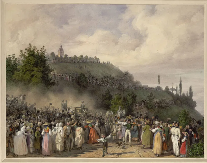 Guckkastenblatt 1842: eine große Menschenmenge in Tracht am Fuß eines grünen Hügels, oben ein Turm, rechts weitere Türme