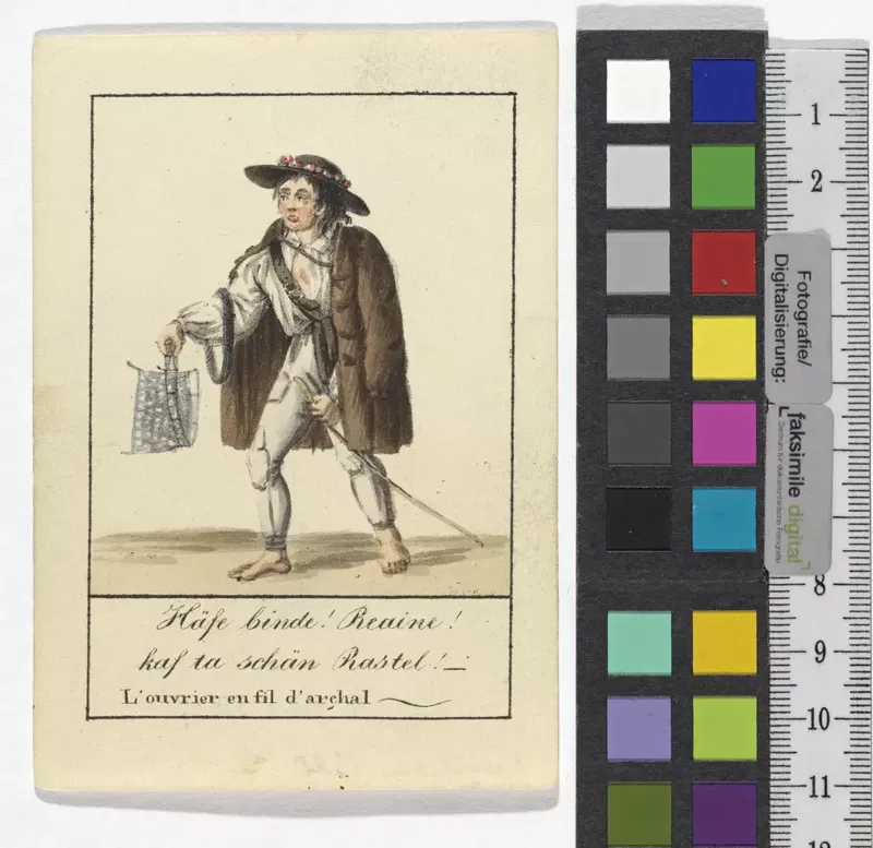 Kolorierte Lithografie um 1820: ein junger Mann barfuß, mit Hut und pelzgefüttertem Mantel, hält ein Drahtgeflecht und einen Stab, darunter sein Ruf