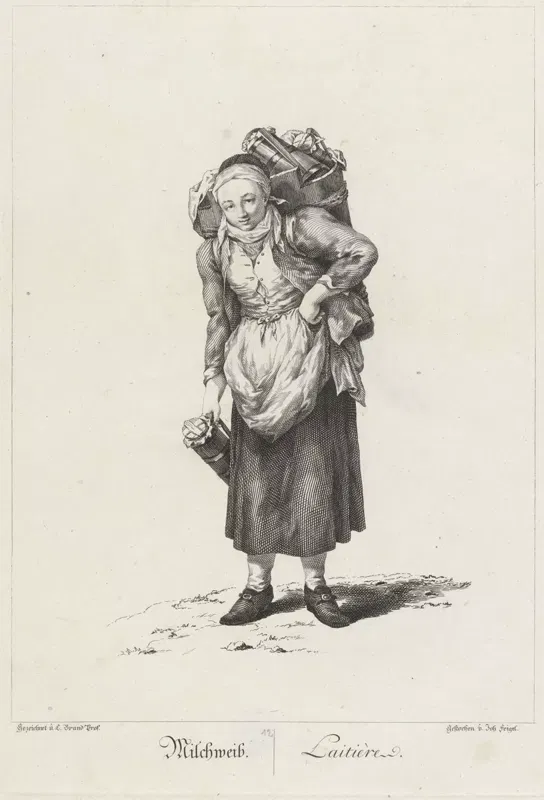 Kupferstich 1775: eine Frau mit Kopftuch und Schürze trägt eine schwere Last auf dem Rücken und einen Krug in der Hand, darunter die Beschriftung Milchweib