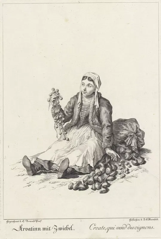 Kupferstich 1775: eine Frau mit Kopftuch sitzt am Boden und hält einen Zwiebelzopf hoch, neben ihr ein Haufen Zwiebeln und ein Sack