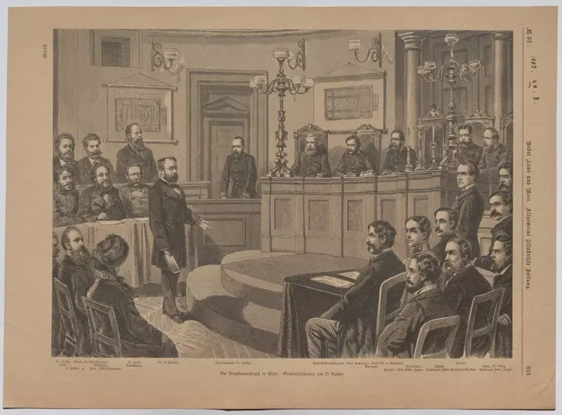 Holzstich 1882: ein Gerichtssaal mit Lustern, vorne steht ein Mann, rundherum sitzen Anwälte und Zeugen, hinten die Richter auf einem erhöhten Podium