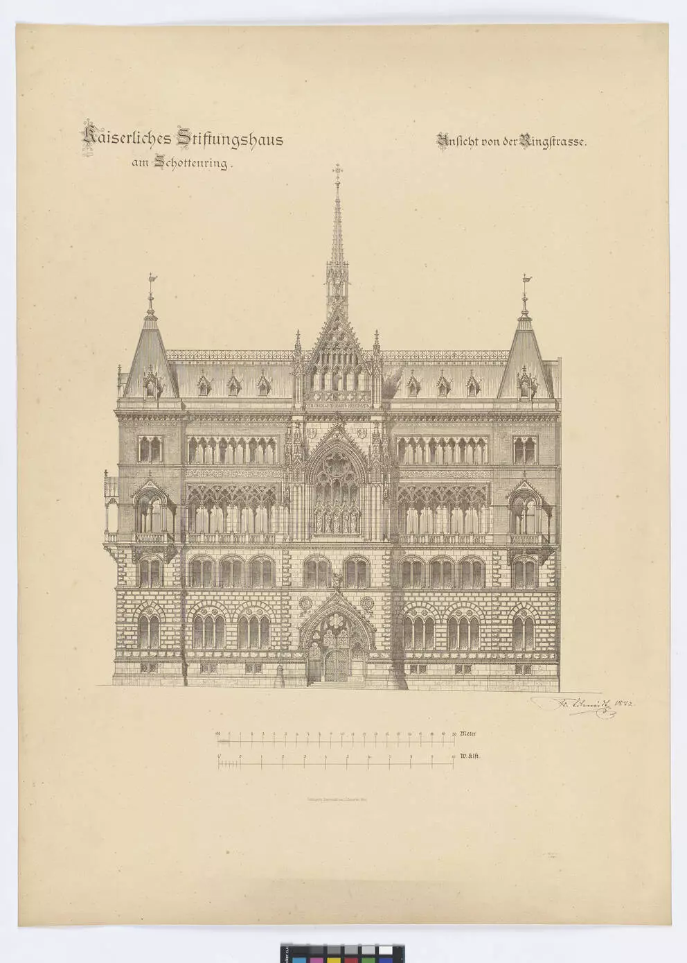 Lithografie 1882: neugotische Fassade eines großen Miethauses mit Mittelgiebel, spitzem Dachreiter und gotischem Portal