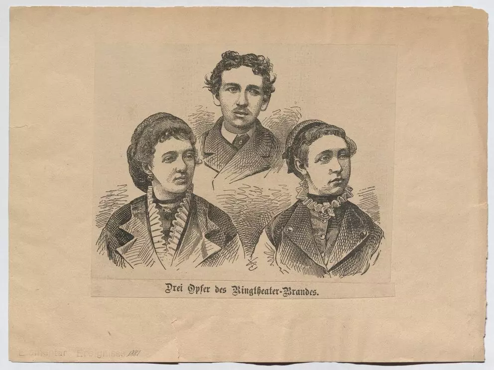 Holzschnitt 1882: Porträts von zwei jungen Frauen mit Hauben und Rüschenkragen und einem jungen Mann mit Schnurrbart