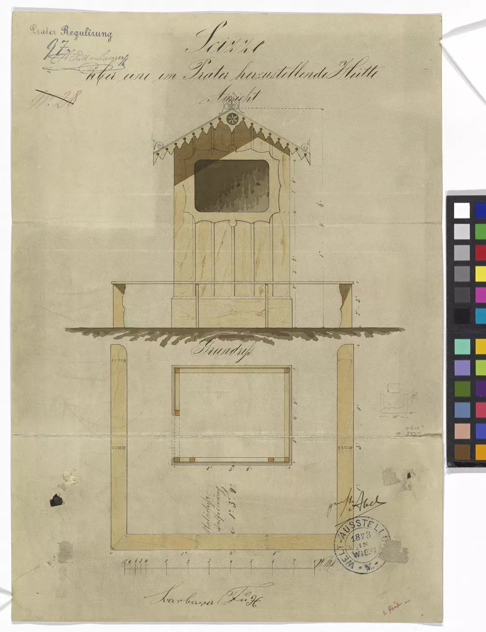 Kolorierte Bauzeichnung 1872: Ansicht und Grundriss einer kleinen Holzhütte mit verziertem Giebel und großem Fenster, oben Prater Regulierung, unten ein runder Stempel der Weltausstellung 1873