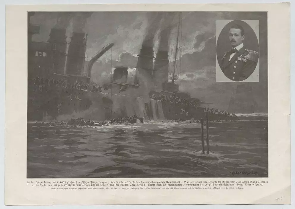 Zeitungsillustration von 1915: Der französische Panzerkreuzer Léon Gambetta sinkt, daneben ein Porträt von Georg von Trapp