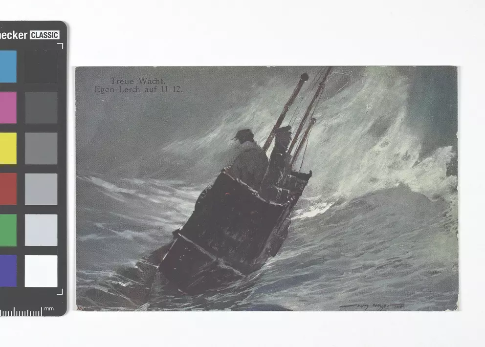 Kriegspostkarte: Egon Lerch auf dem Turm von U 12 in schwerer See