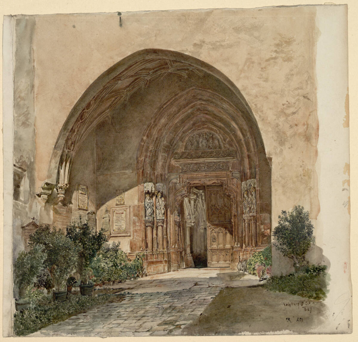 Aquarell von Rudolf von Alt: das gotische Portal der Kirche des Stiftes Nonnberg in Salzburg