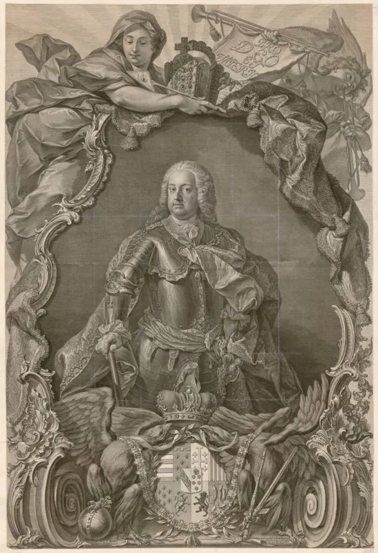 Philipp Andreas Kilian nach Martin van Meytens d. J., Franz Stephan (Franz I.) nach der Krönung mit der Reichskrone, Kupferstich nach 1745.