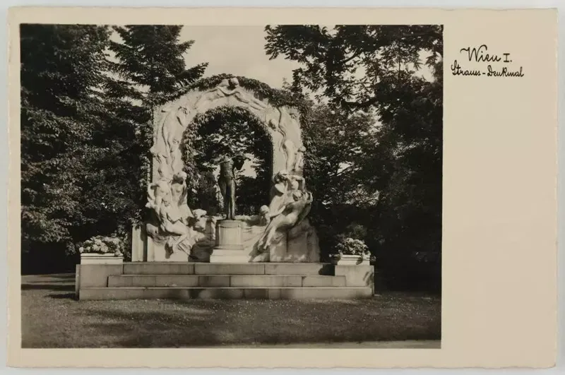 Ansichtskarte des Johann-Strauss-Denkmals im Wiener Stadtpark, 1937