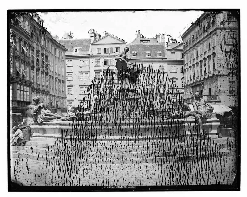 Fotografie des Neuen Markts in Wien mit dem Donnerbrunnen, Blick gegen Norden, um 1875