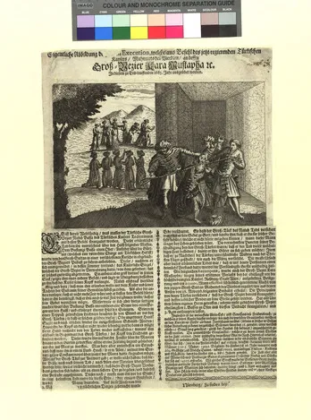 Druckgrafik nach 1683: Hinrichtung des Großwesirs Kara Mustafa in Belgrad am 25. Dezember 1683.