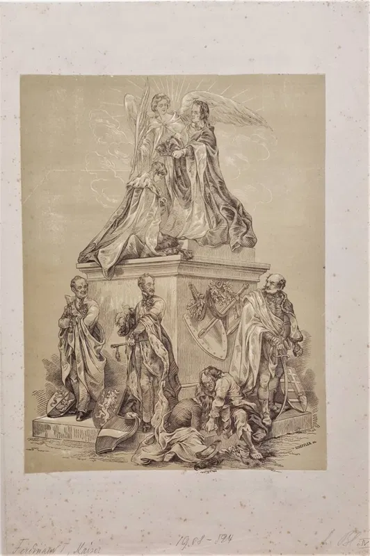 Joseph Weyl und Scheffler, Allegorie der Übergabe der Kaiserkrone durch Kaiser Ferdinand I. an Erzherzog Franz Joseph, Druckgrafik 1848.
